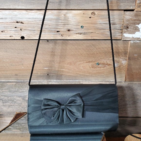 Satin Evening Purse - Black Bow, Snap Closure, Rope Handle - Picture 4 of 10